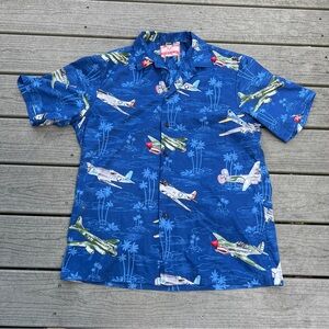 RJC: Blue War Airplane Hawaiian Button-Down Print Shirt. Men’s size Large.